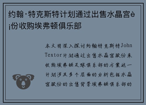 约翰·特克斯特计划通过出售水晶宫股份收购埃弗顿俱乐部